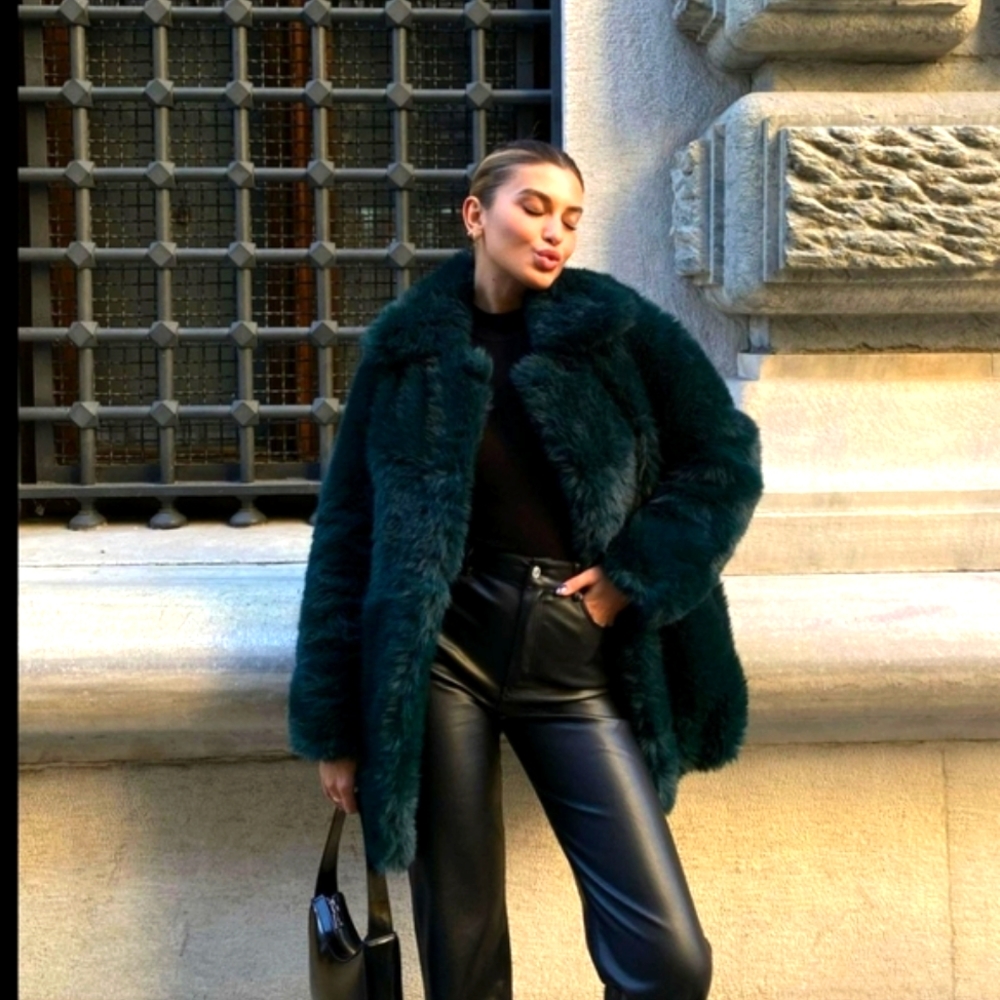 MANGO NWT Sz XXS~S FAUX FUR Dark Green Winter Coat Mid Jacket Blogger's FAV. NEW